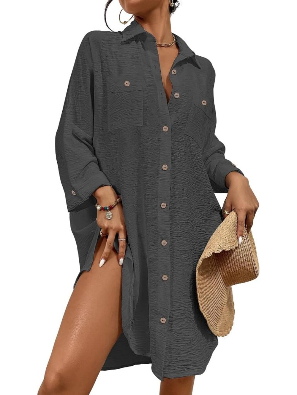 Women's Deep Grey Polyester Button Down Shirt Cover Up Beach Swimsuit Cover Up